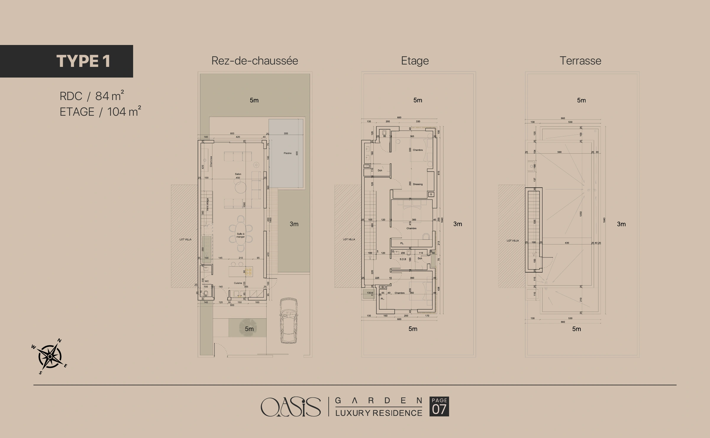 Oasis Garden : type 1 : rdc, étage et terrasse
