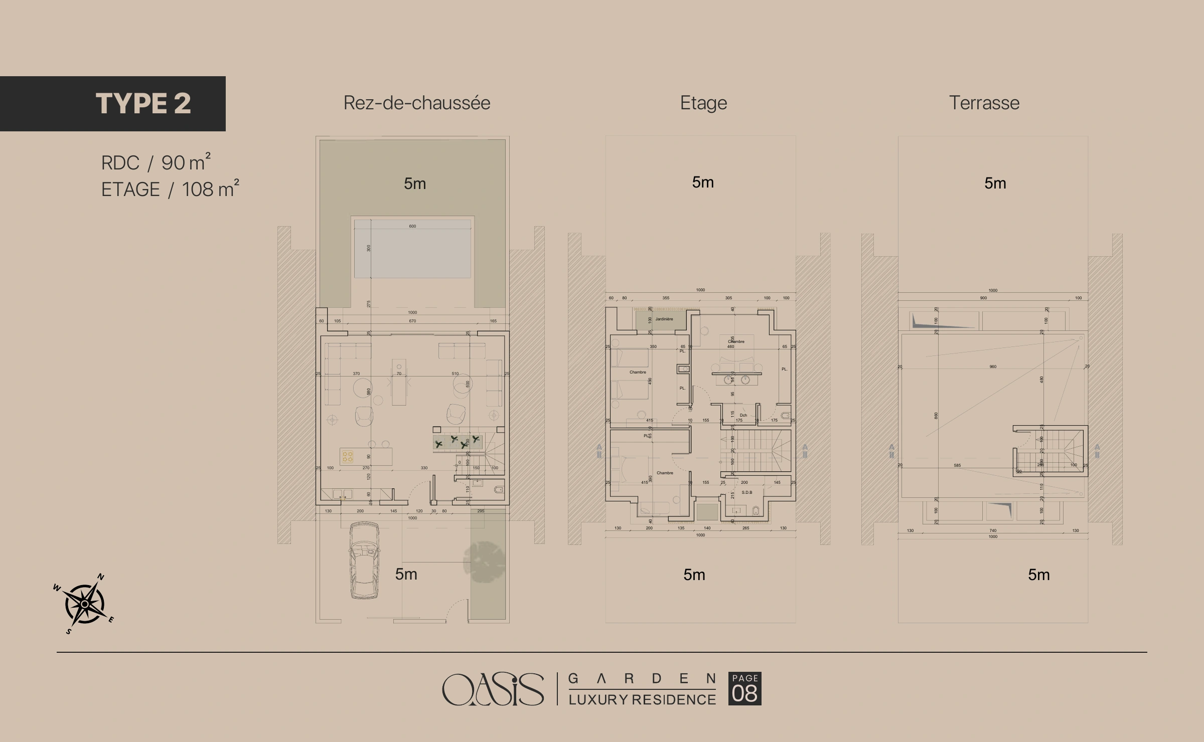 Oasis Garden : type 2 : rdc, étage et terrasse