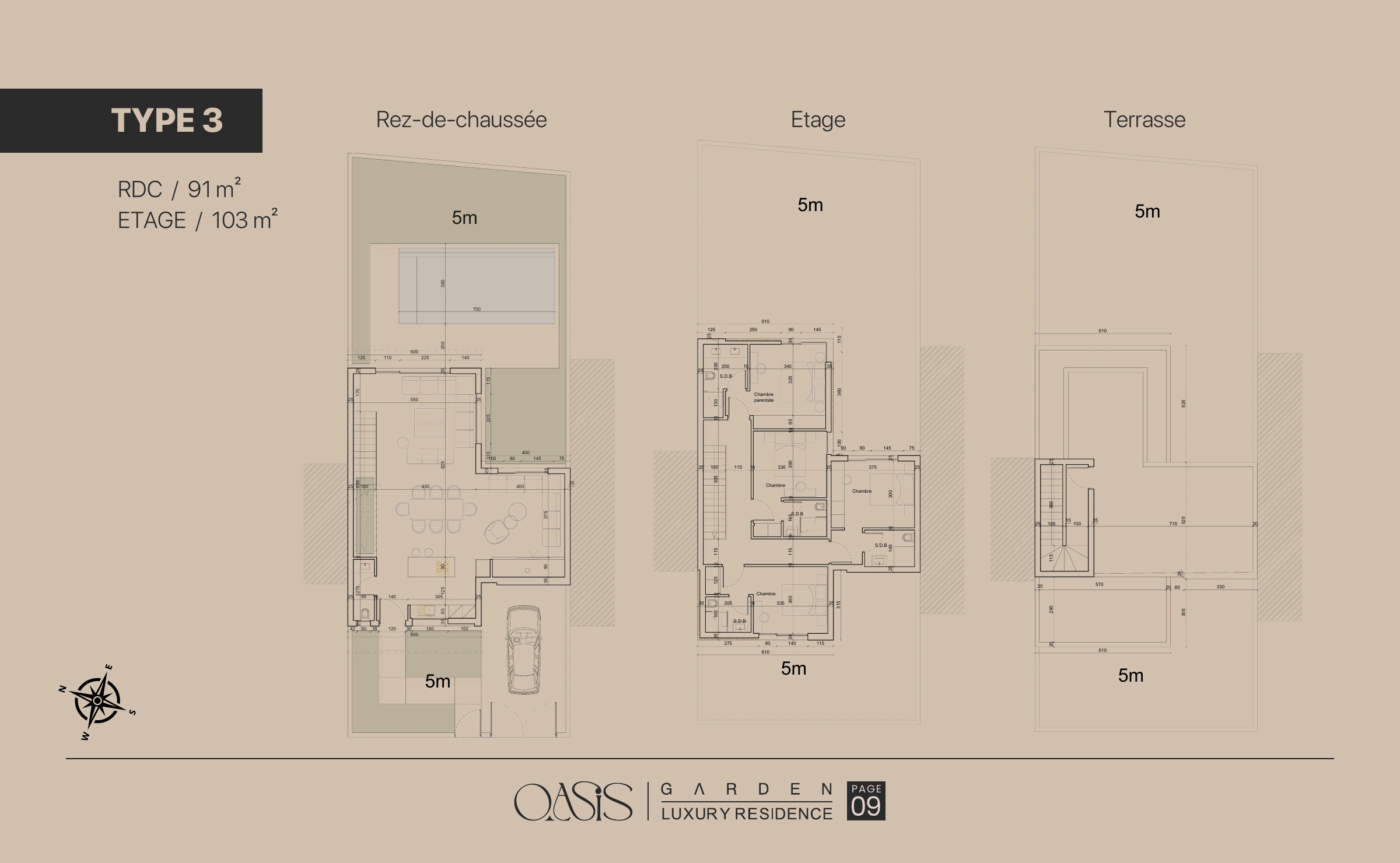 Oasis Garden : type 3 : rdc, étage et terrasse